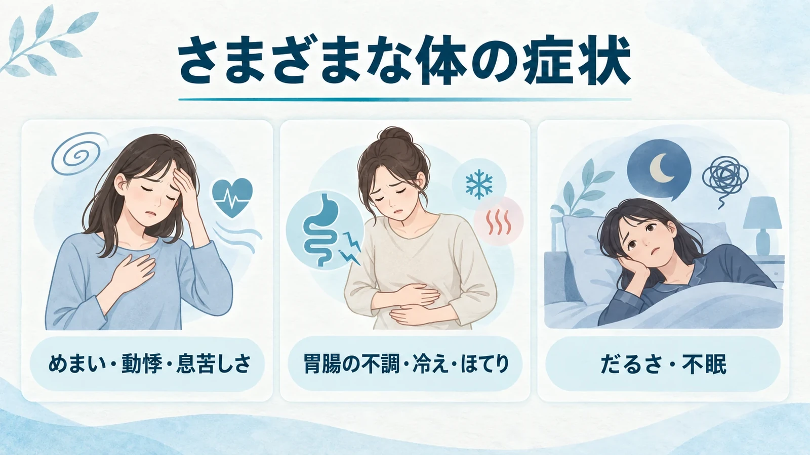 自律神経失調症の症状の要点：めまい・動悸・息苦しさ、胃腸の不調・冷え・ほてり、だるさ・不眠。