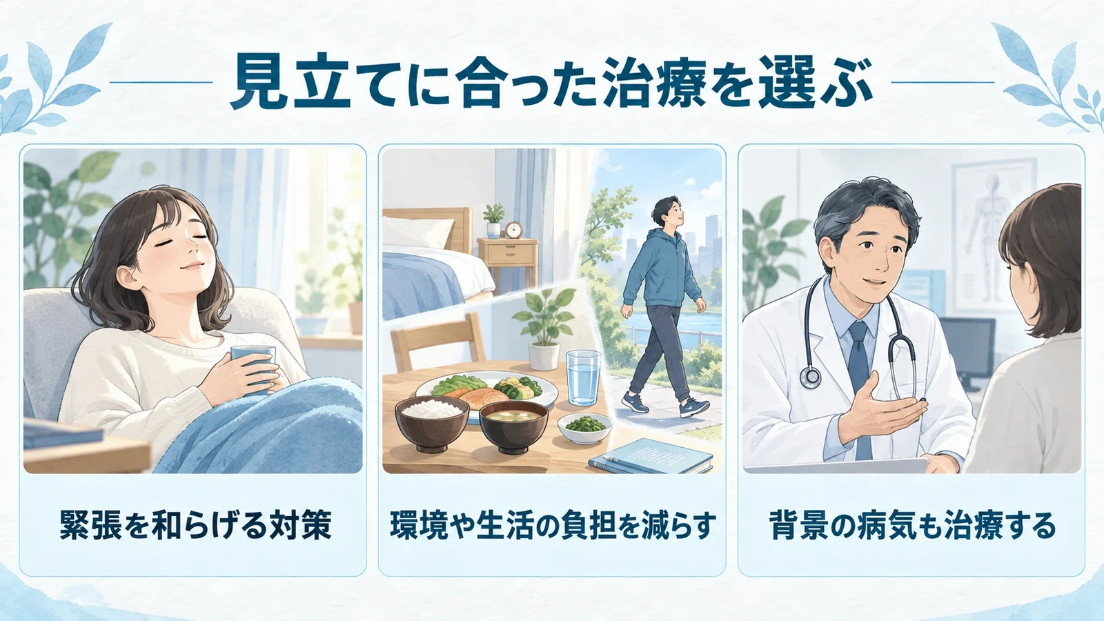 具体的な治療の方法の要点：緊張を和らげる対策、環境や生活の負担を減らす、背景の病気も治療する。