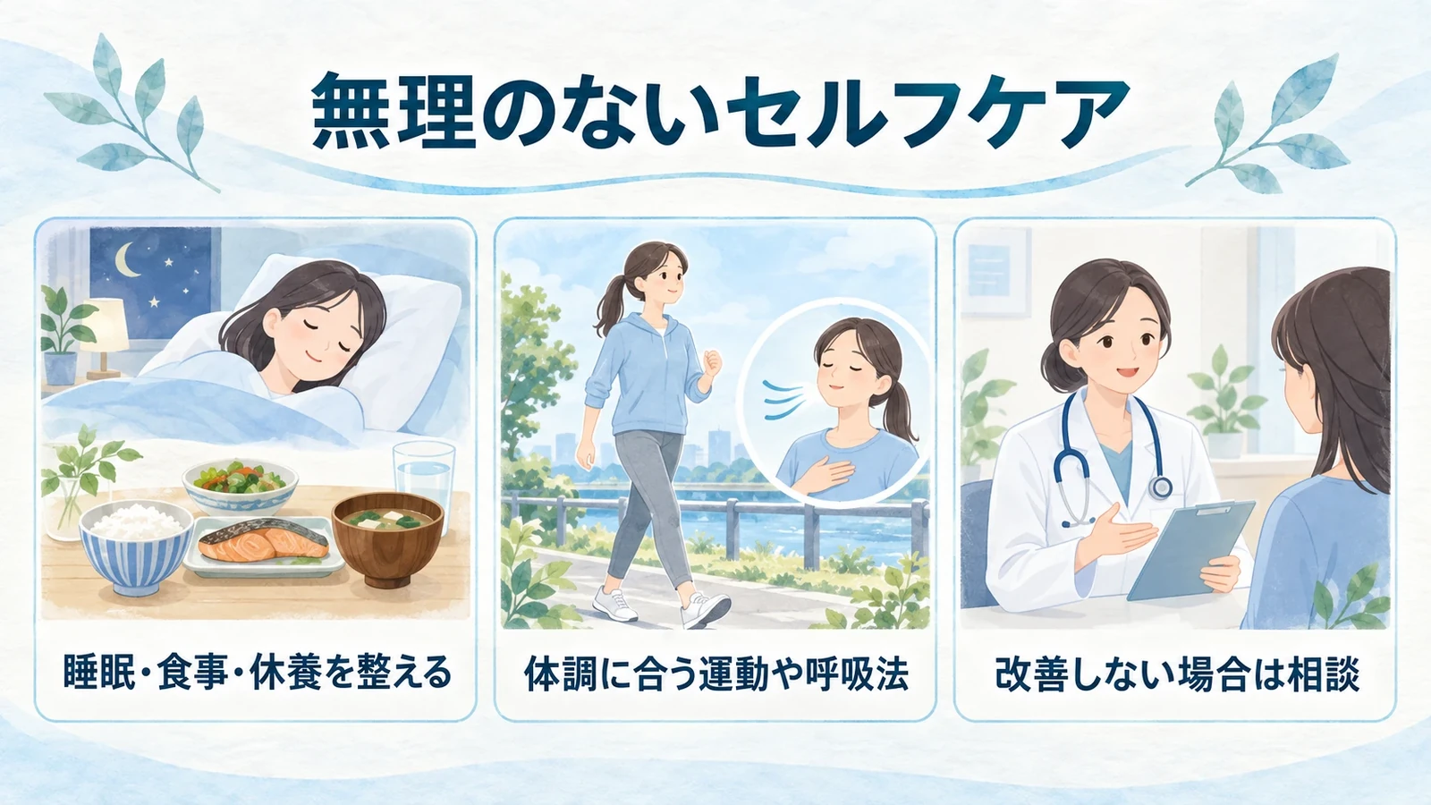 自分でできる対策―生活リズム・運動・リラックスの要点：睡眠・食事・休養を整える、体調に合う運動や呼吸法、改善しない場合は相談。