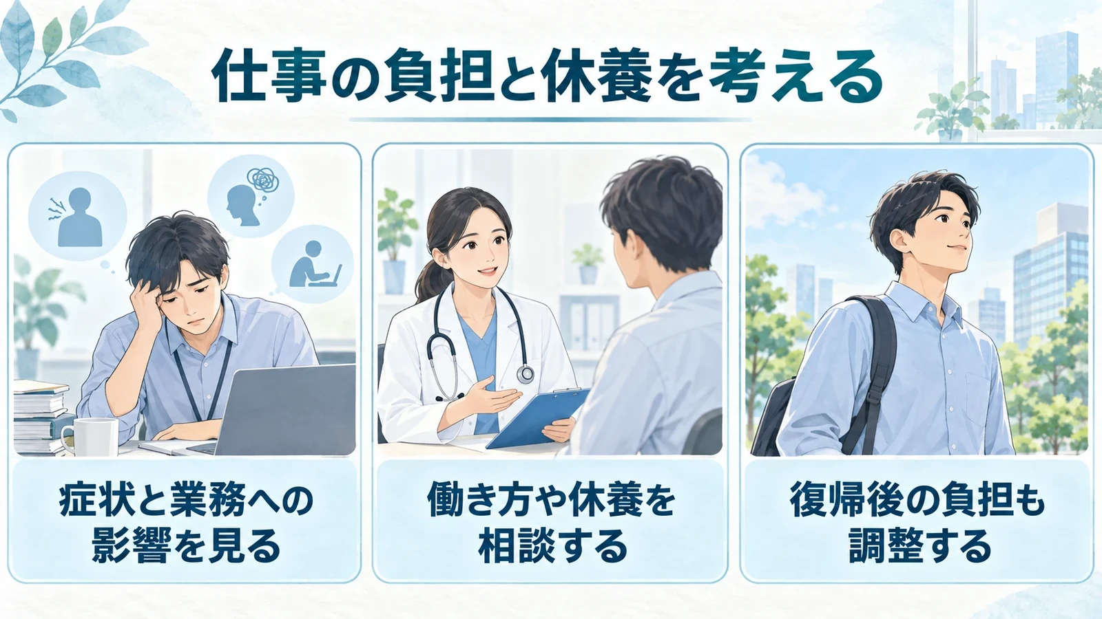 仕事への影響と、休養・休職の要点：症状と業務への影響を見る、働き方や休養を相談する、復帰後の負担も調整する。