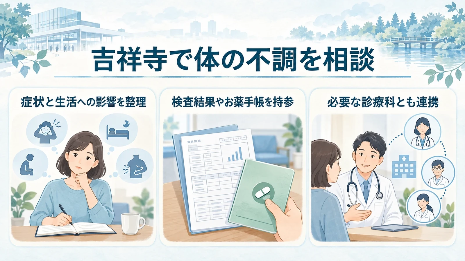 吉祥寺で自律神経失調症の相談をお考えの方への要点：症状と生活への影響を整理、検査結果やお薬手帳を持参、必要な診療科とも連携。