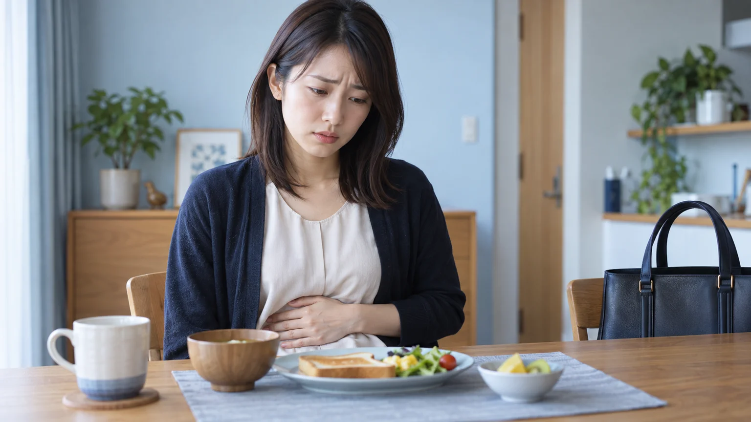 吐き気・胃痛・便通の乱れが続くの説明動画。日常生活の場面を表した架空のイメージ。