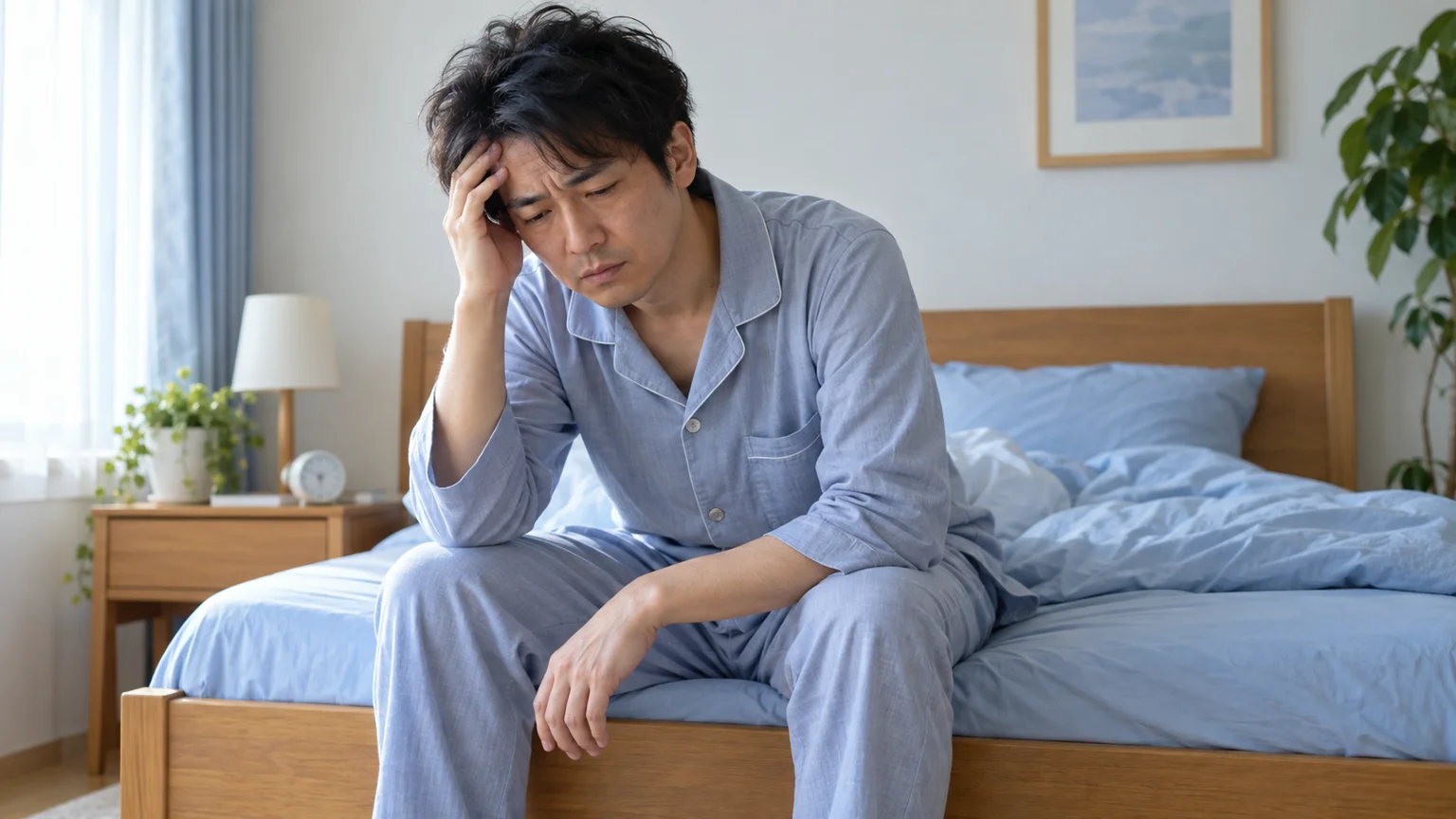 だるさが続き、朝起きられないの説明動画。日常生活の場面を表した架空のイメージ。