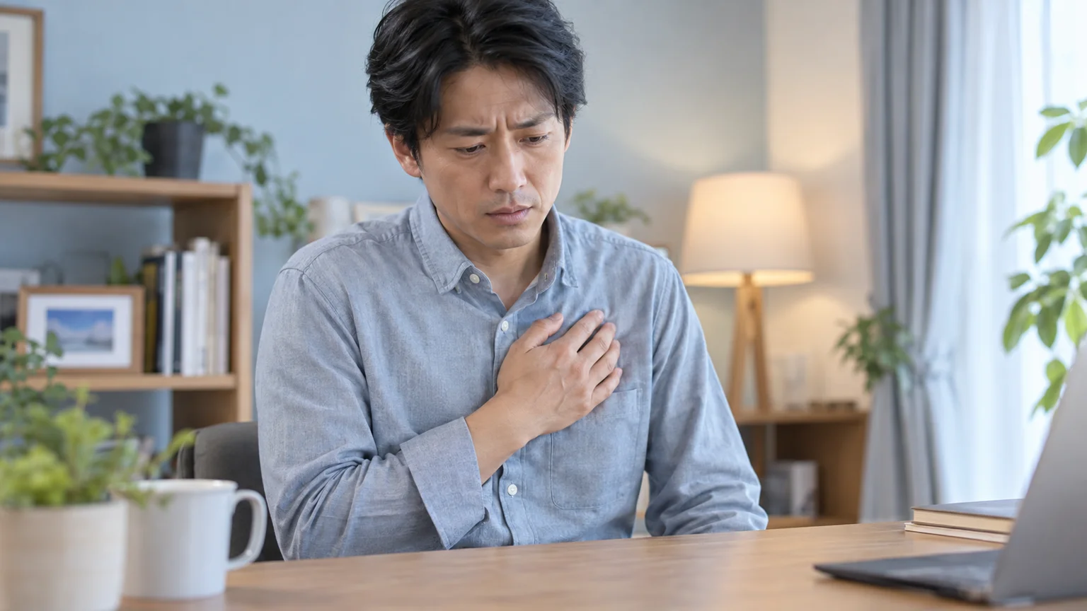 動悸や息苦しさが出るの説明動画。日常生活の場面を表した架空のイメージ。