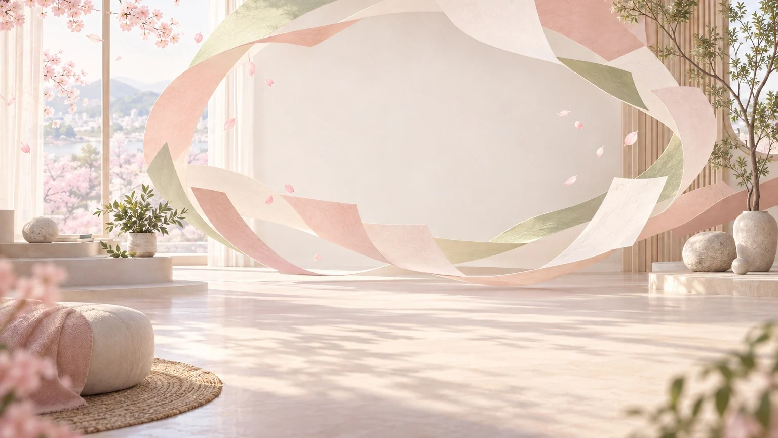 淡い桜色の曲線と穏やかな空間でADHDの解説動画へ案内する、架空のイメージイラスト。